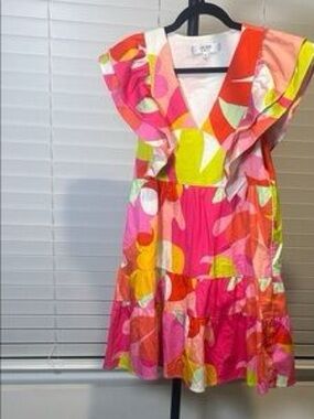 Crosby by Mollie Burch Pink, Lime, and Coral Floral Ruffle V-Neck Summer Dress